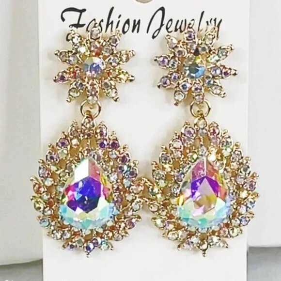 AB Crystal Drop Earrings Formal Bridal Prom Pageant - Picture 4 of 6